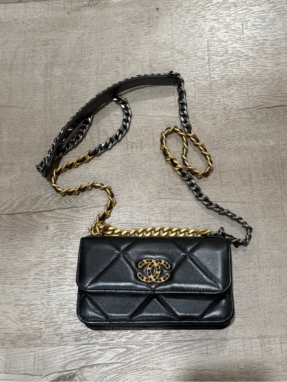 Lambskin Quilted Chanel 19 WALLET ON CHAIN WOC Black